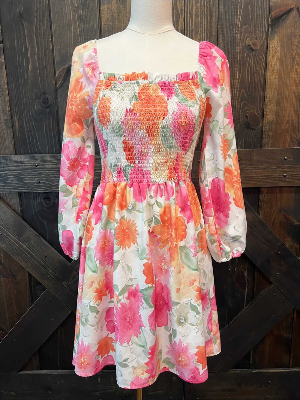 SundayUp Mini Floral Smocked Dress S Square Neck Vibrant Watercolor Sleeves Boho